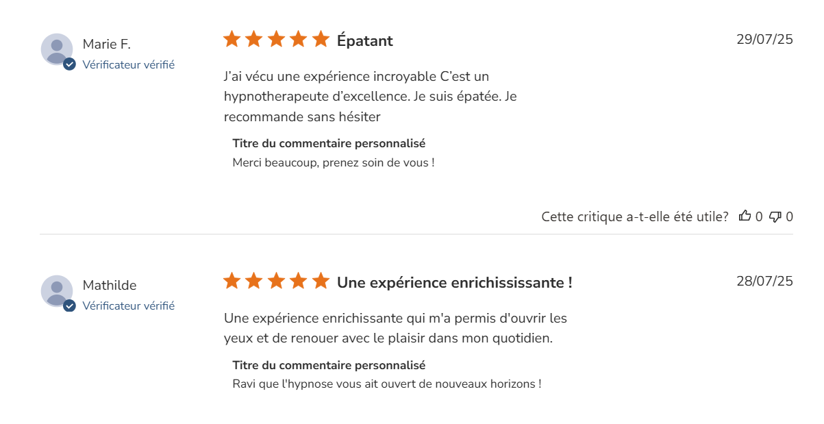 Capture d'écran des avis clients pour Eric Gavrel sur Yotpo, montrant une note élevée pour ses consultations thérapeutiques.